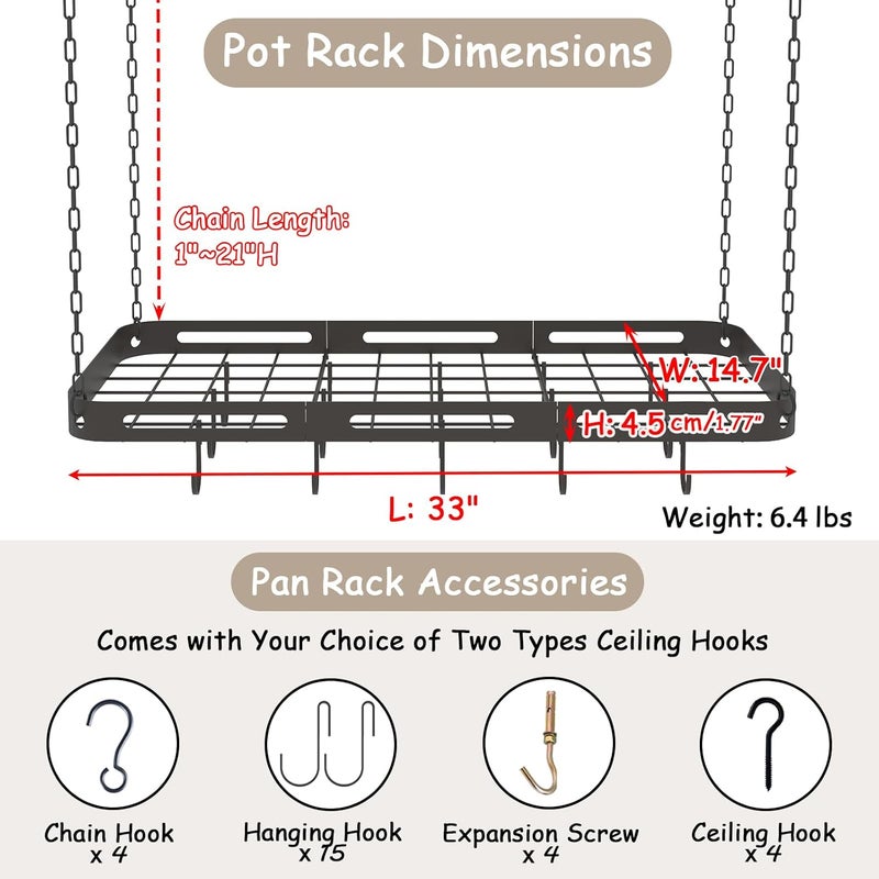 TICKCACY 33” Pots and Pans Hanging Rack, Black Hanging Pot Rack Ceiling Mount with 15 Hooks, Heavy-duty Metal Square Kitchen Ceiling Pot Rack, Pot and Pan Hanger for Kitchen Cookware Utensils - Image 3